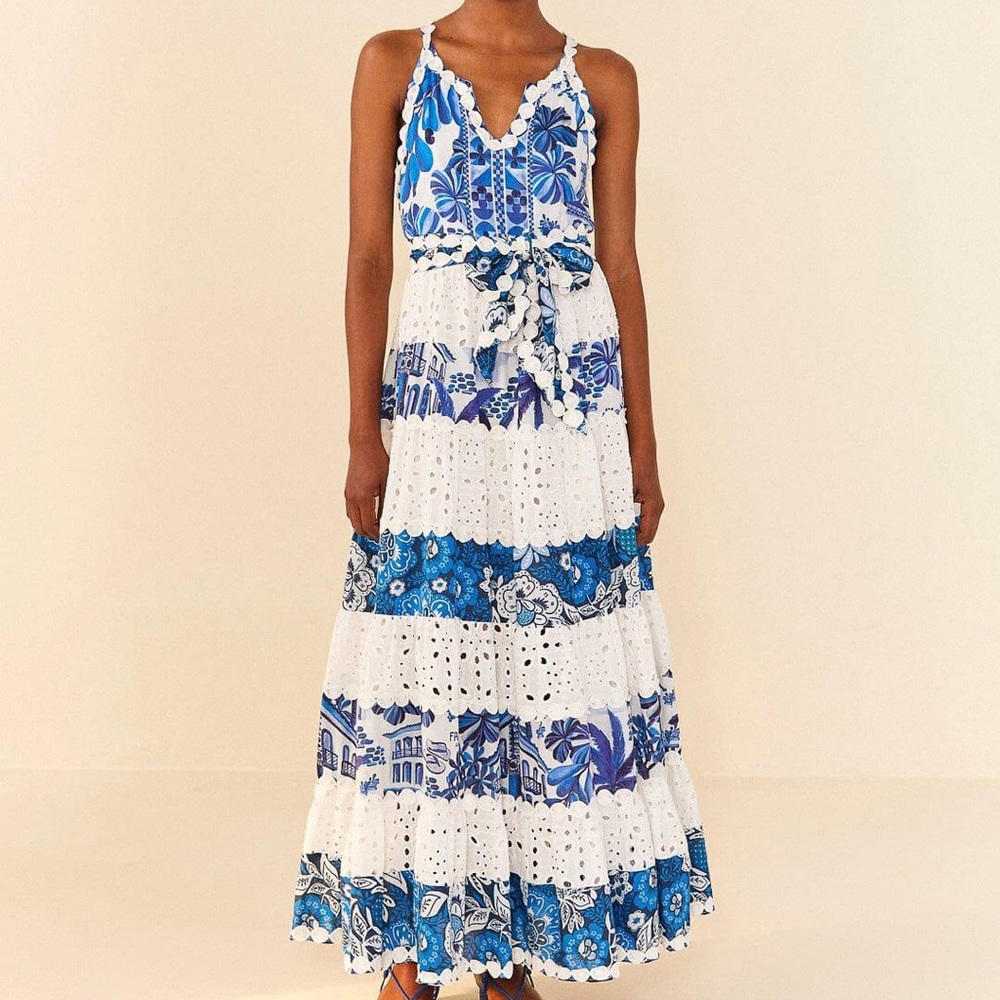 FARM Rio Mixed White and Blue Prints Maxi Dress Size Medium NWT